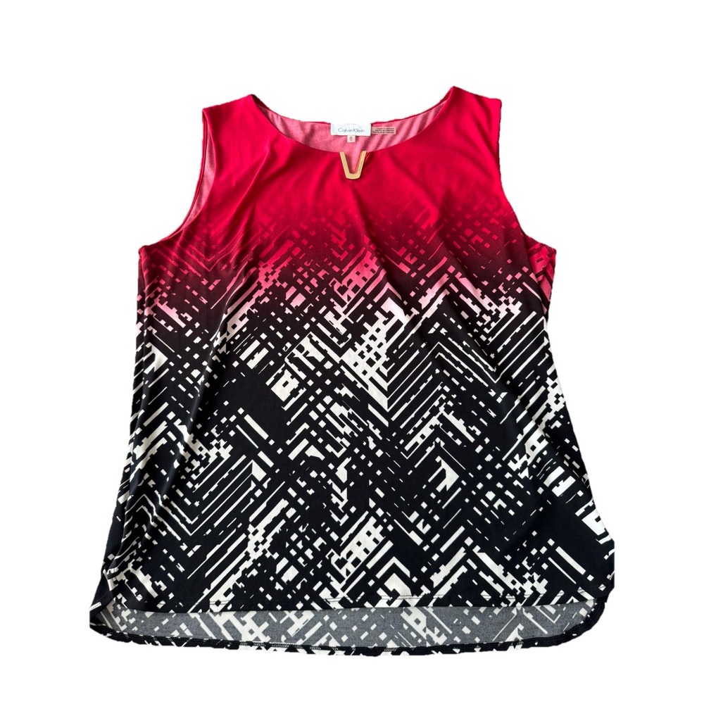Calvin Klein Womens Red/Black Geo Blouse XL Gold Metal Trim V Neck Sleeveless